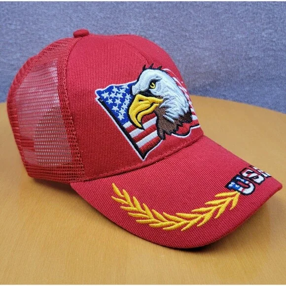 Embroidered USA Bald Eagle Shadow Snapback Trucker Hat Red American Flag Cap - Picture 5 of 16